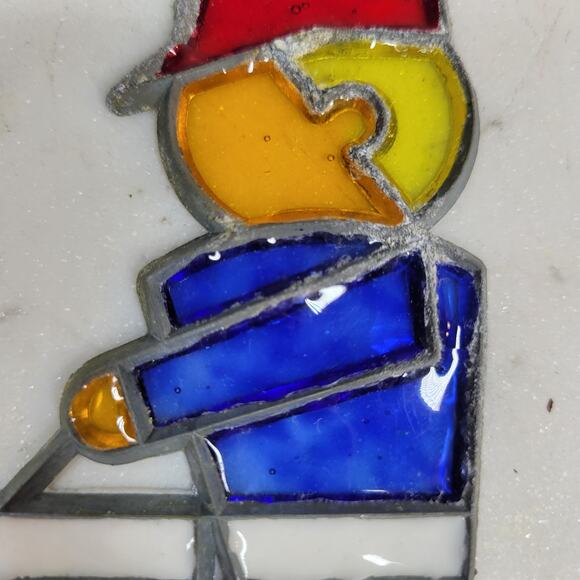 Vintage Drummer Boy Stained Glass Sun Catcher Blue Red Christmas Holiday - Picture 12 of 12